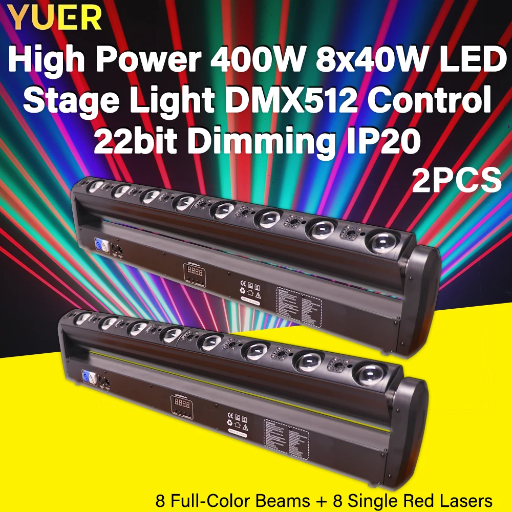 YUER 2x 400W LED Stage Light DMX512 with 16-Channel Control, 8x40W LED + 8x500MW Red LEDs, IP20,  – For Concerts, DJ,Theaters.