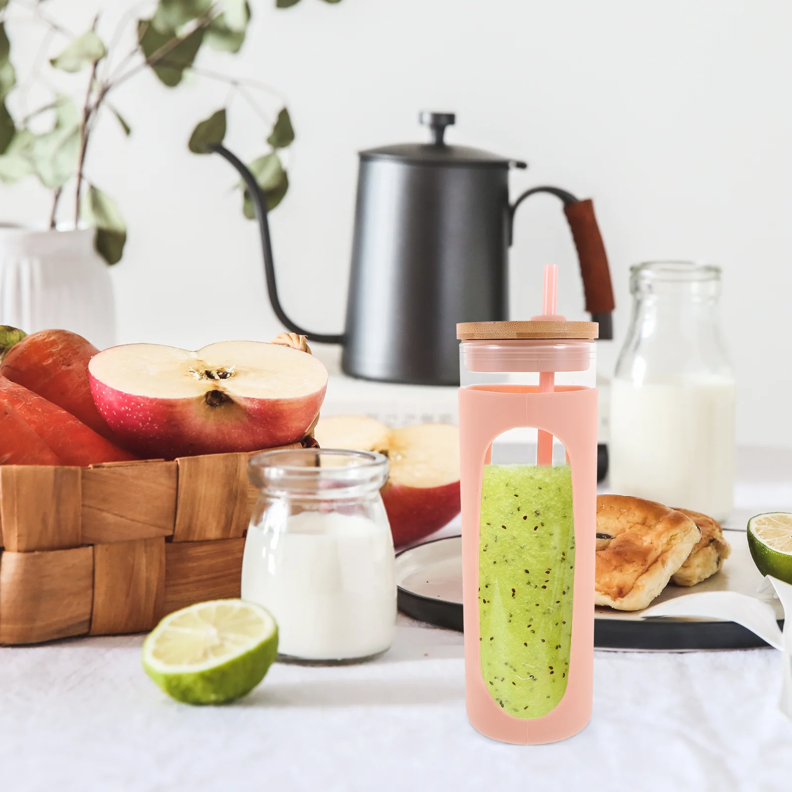 

1Set Large Glass Mug with Lid Straw Silicone Sleeve Bamboo Borosilicate for Juice Milk Tea Coffee Water Bottle