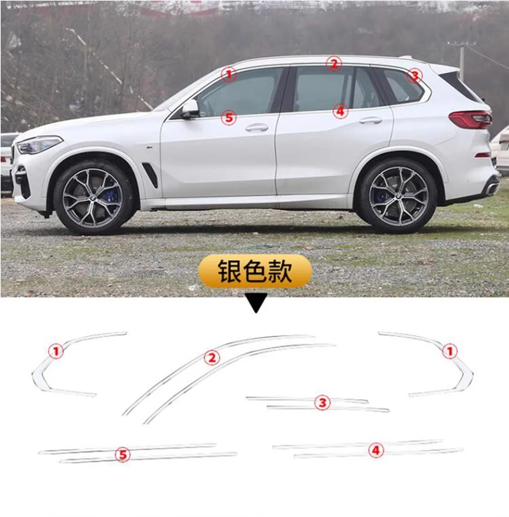 Stainless Steel Car Door Full Window Frame Window Sill Molding Trim Cover For BMW X5 E70 F15 G05 2008-2021 (black silver)