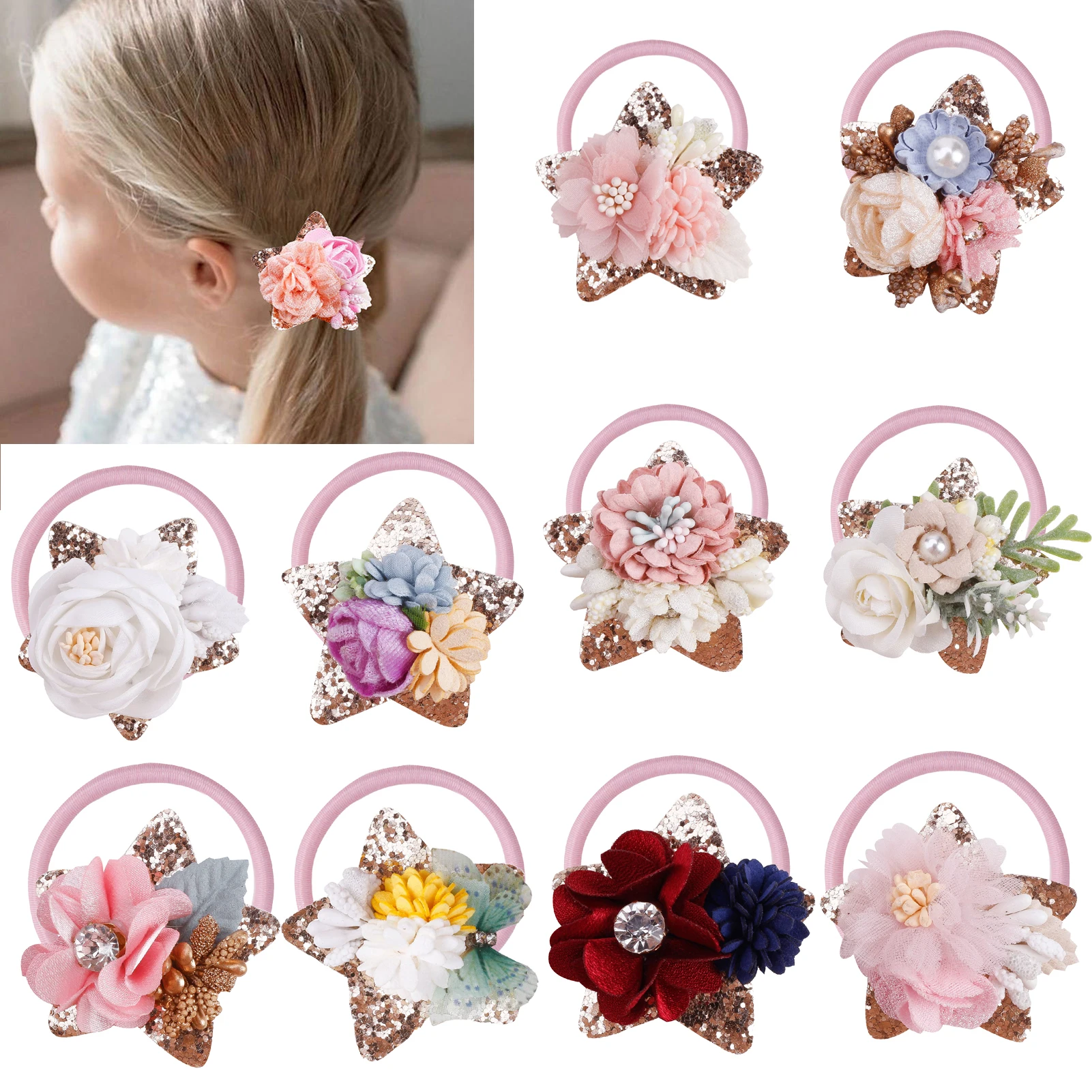 10 Pack Flower Elastic Hair Ties Boutique Baby Toddler Flower Rubber Bands Ponytail Holders Hair Accessories For Baby Girls