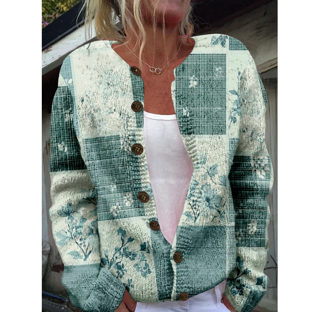 

Осень-зима вязаный клетчатый кардиган с цветочным принтом, повседневный свитер, уличная одежда, женские свитера, вязаный топ, крутые джемперы, модные