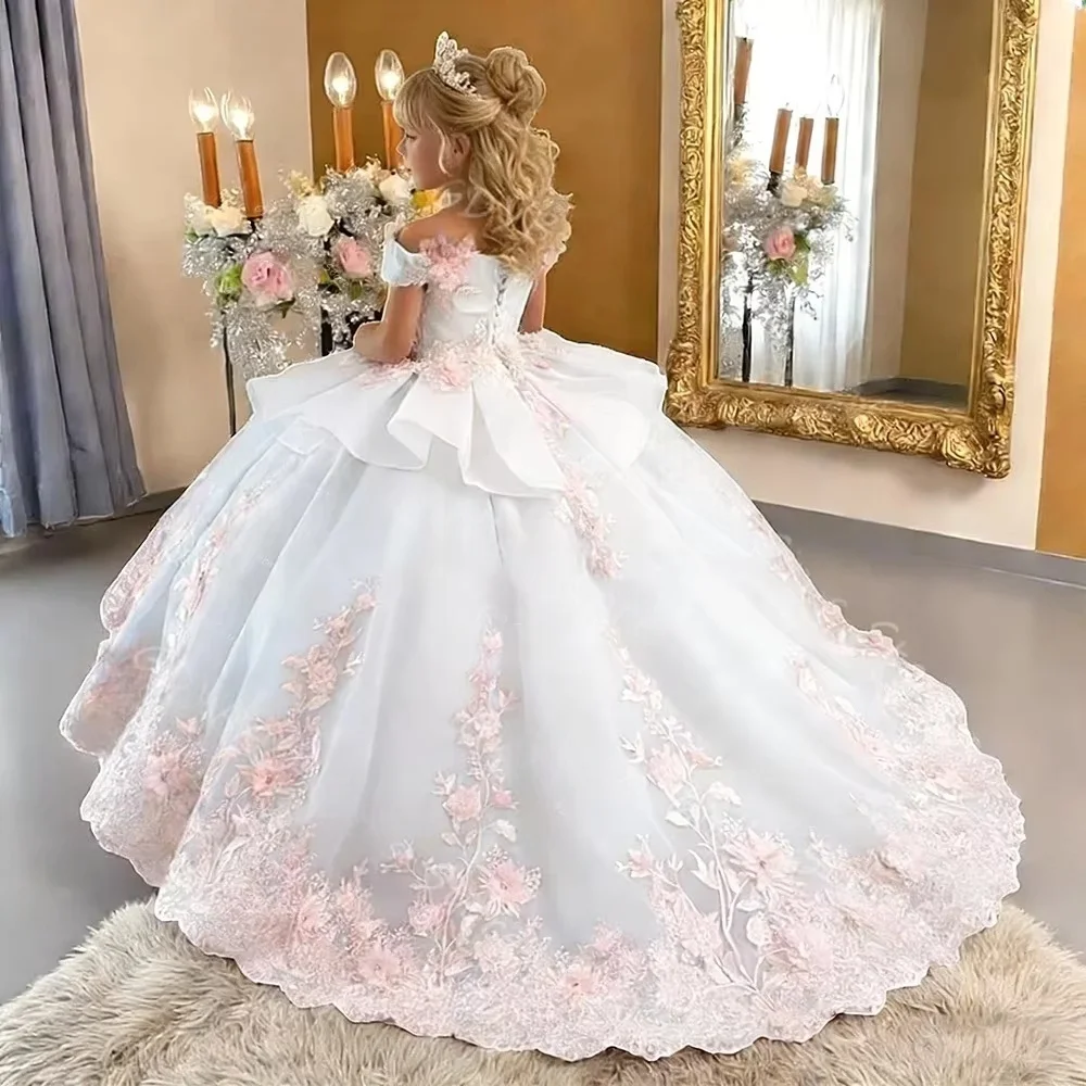 Maßgeschneidertes Luxus-Blumenmädchenkleid für Hochzeit, Geburtstag, Party, Festzug, Laufsteg, schulterfrei, rosa, 3D-Blumenspitze, weißer Tüll, lange Schleppe