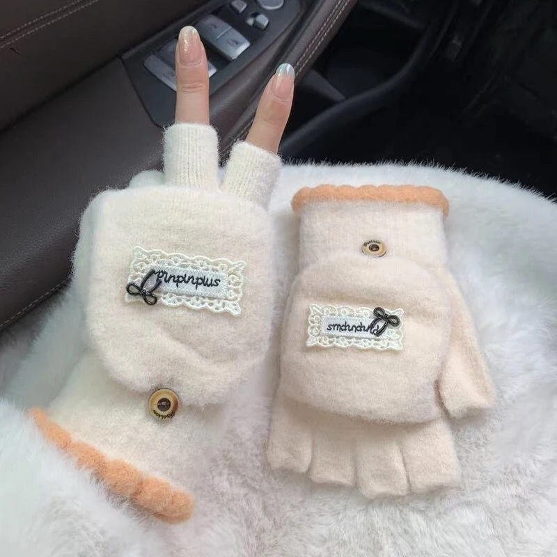 Women's Winter Gloves with Faux Fur Flip Cover, Touchscreen Half-Finger Thermal Knitted Gloves for Writing, Cycling, Teens and A