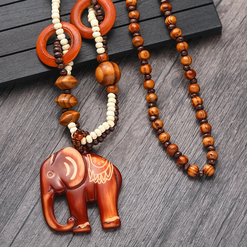 Bohemian Wooden Retro Geometric Elephant Necklace for Men and Women Ethnic Style Beaded Pendant Sweater Chain Jewelry