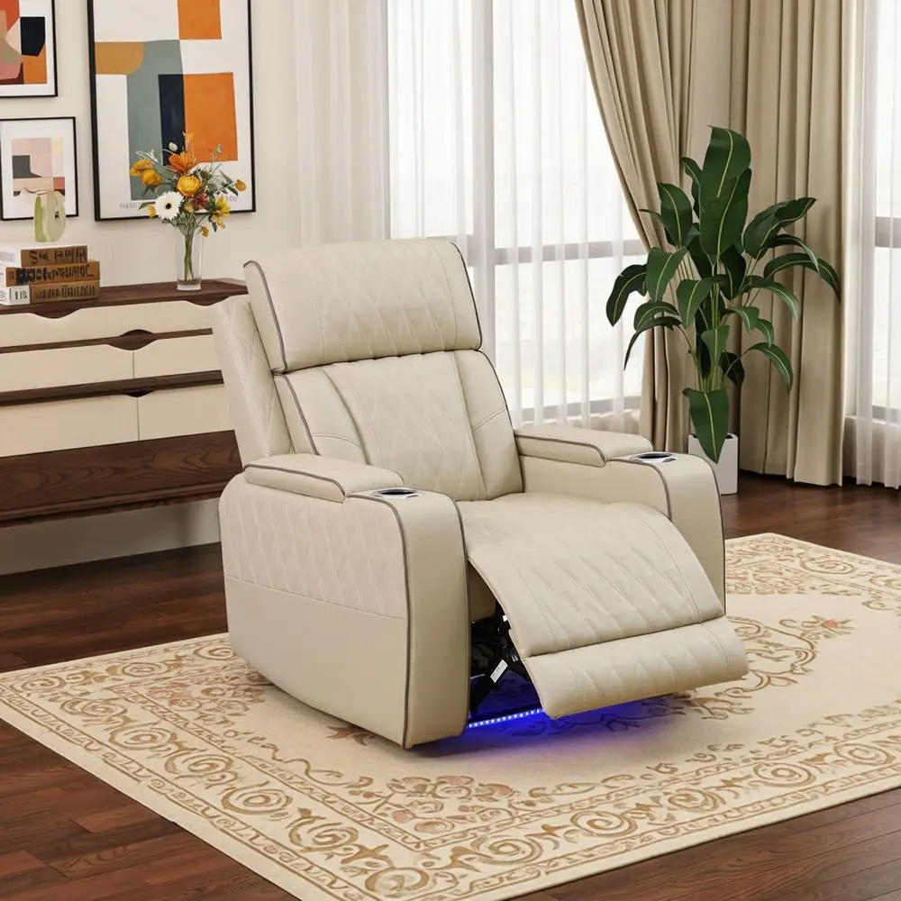 

Single Recliner Sofa with LED Light and USB Port, Beige Leather Living Room Furniture for Home Theater or RV (1 Seat)