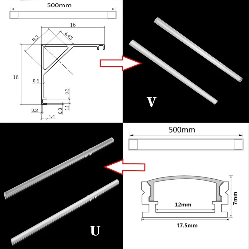 Aluminiowy profil Led Kanaal Hoek U V Vorm 0.5M Voor 3528 5630 5050 pasek Led listwa Led Buis Licht melkachtig Wit Transparant Cove