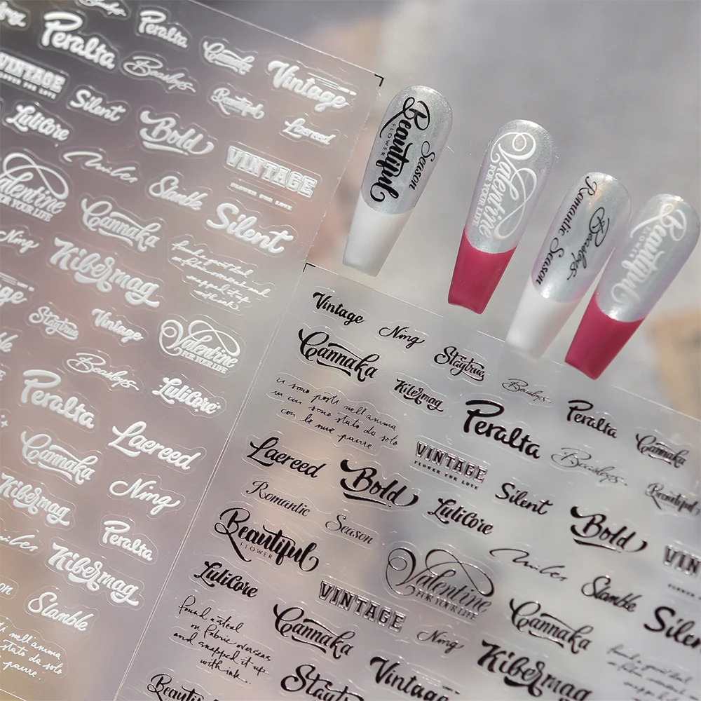 

5D черно-белые наклейки для ногтей с английскими буквами, модные аксессуары для нейл-арта, самоклеящиеся DIY-декали