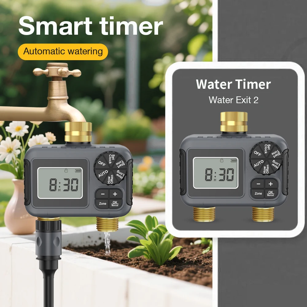 

3/4'' Plastic/Copper Head Smart Water Timer Intelligent 2-Outlet Irrigation Watering System Sprinkler Timer Garden Programmer