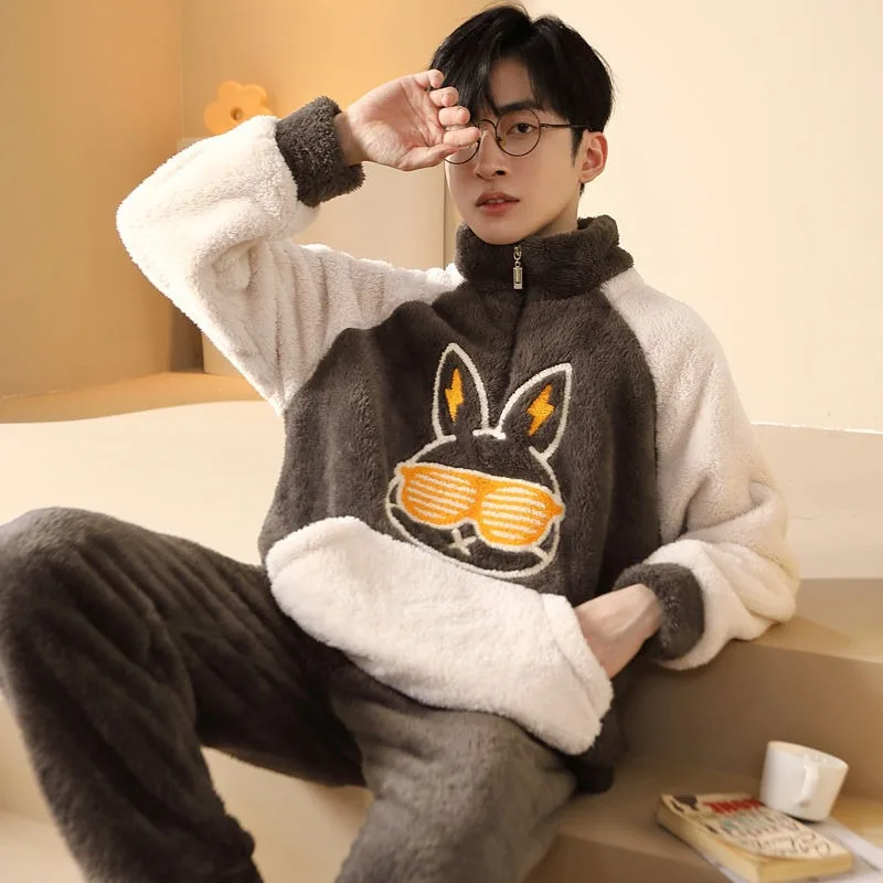 2024 New Coral Velvet Men's Winter Pajamas Plush and Thickened Sleepwear Cartoon Flannel Zipper Loungewear Set Warm Homewear