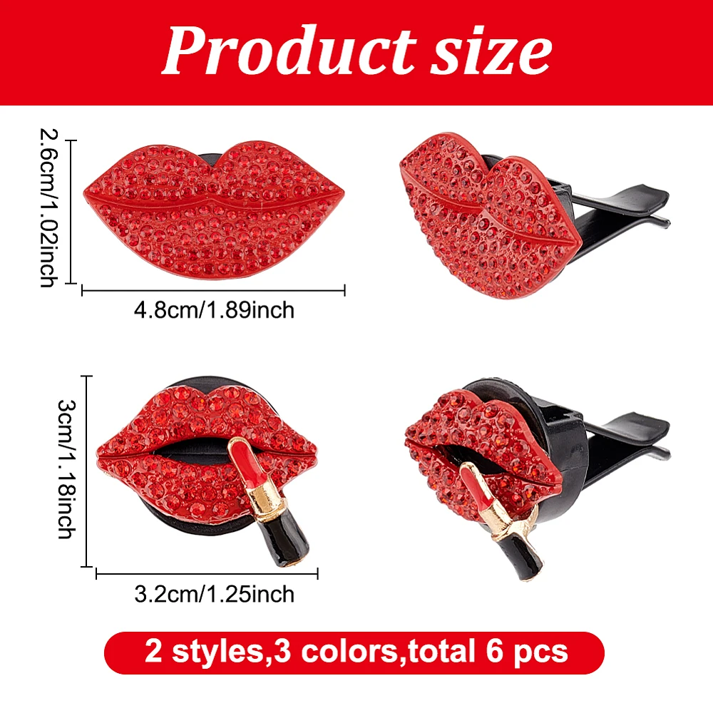 6 Pcs Lips Car Vent Clips Alloy Rhinestone Car Vent Diffuser with Scented Tablets Kiss Car Clip Air Vent Clip Decoration