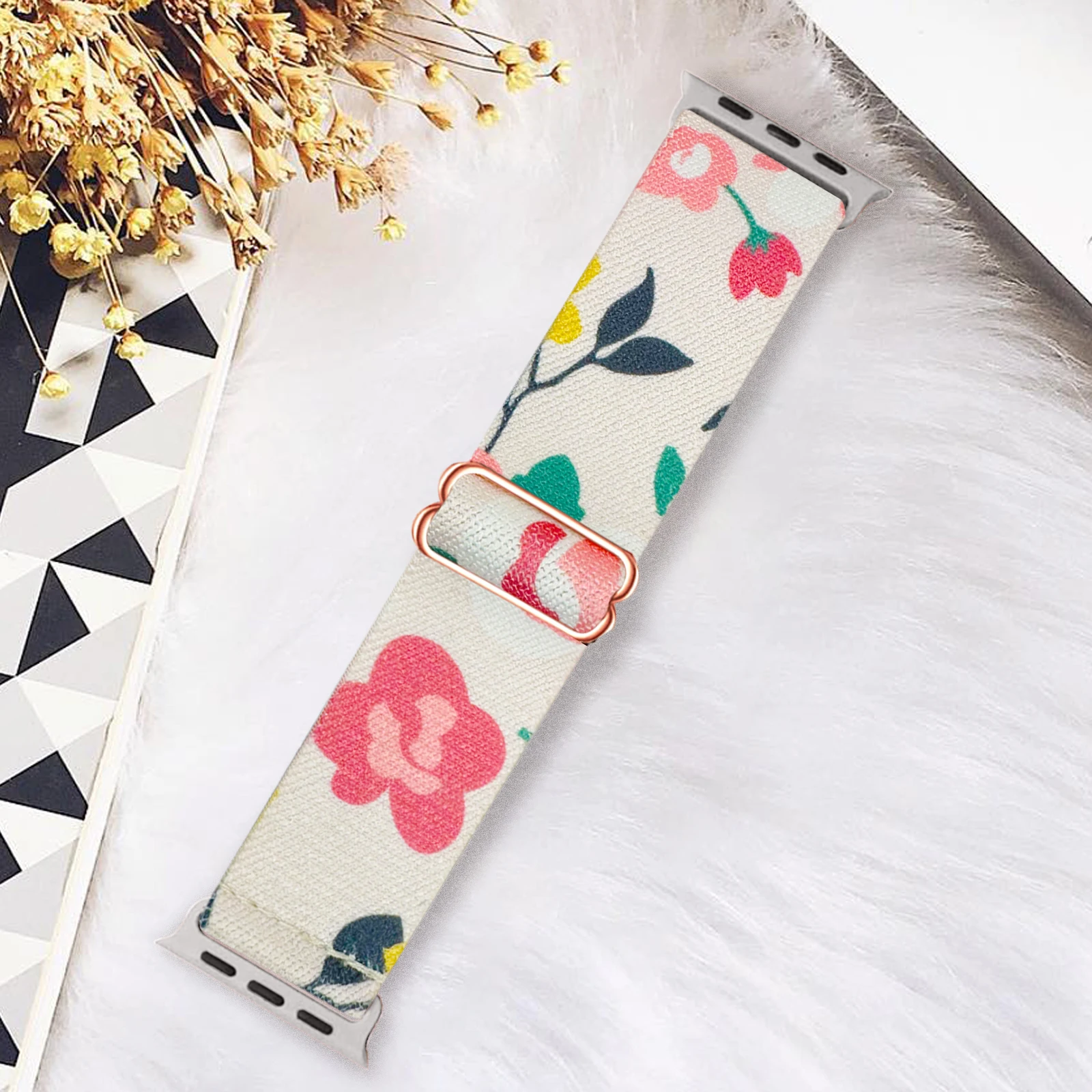 Cute Flower Pattern Stretchy Band Compatible with Apple Watch Bands 38mm 40mm 41mm 42mm 44mm 45mm 49mm Women , Nylon Elastic Rep