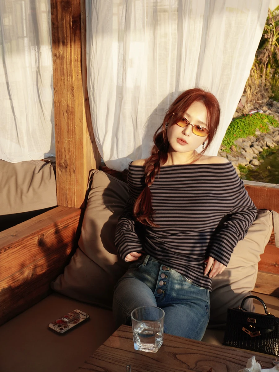 

Универсальный трикотажный базовый слой с длинным рукавом в полоску, на одно плечо, утягивающий, из 100% хлопка, в корейском стиле, для повседневной носки