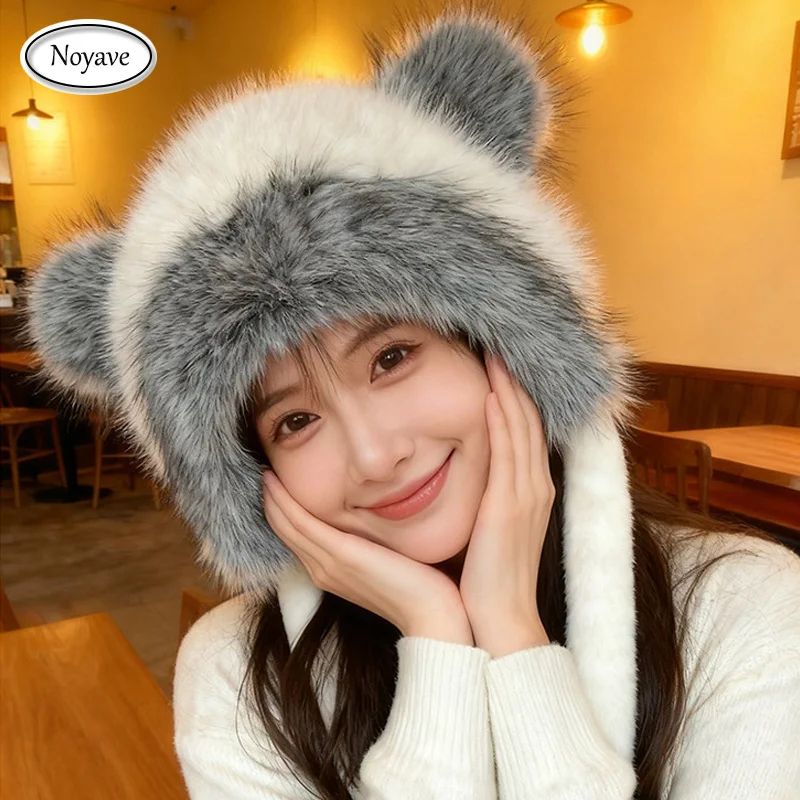 

Шапка из искусственного меха лисы для женщин, теплая зимняя шапка с ушками, модная женская шапка с мехом, женская шапка с защитой для ушей