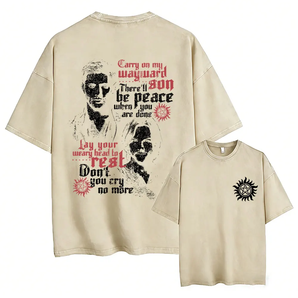 

Supernatural Print Washed T-shirt Men Women Clothing Gothic Vintage Oversized T Shirts Male Casual Cotton Short Sleeve T-shirts