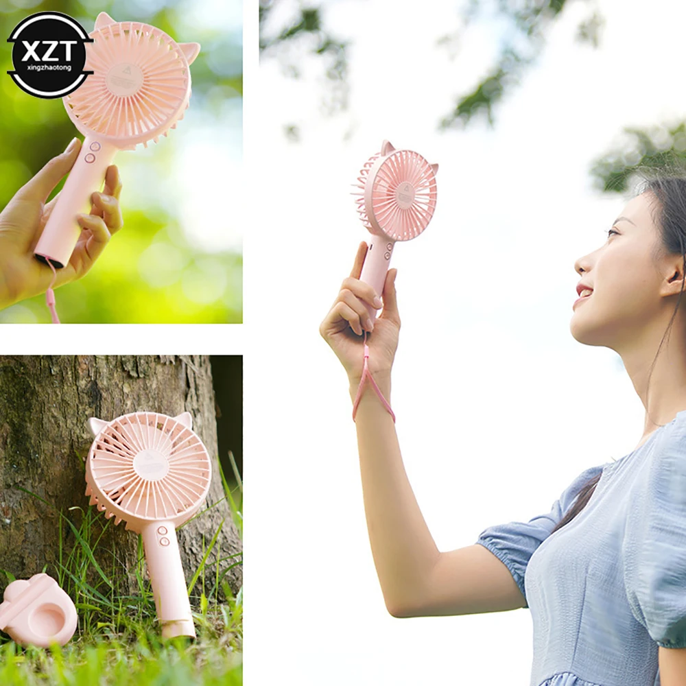 Portable Mini Handheld Electric Fan USB Rechargeable with Base Mobile Phone Holder 3 Gears Adjustable Cat Ears Fan