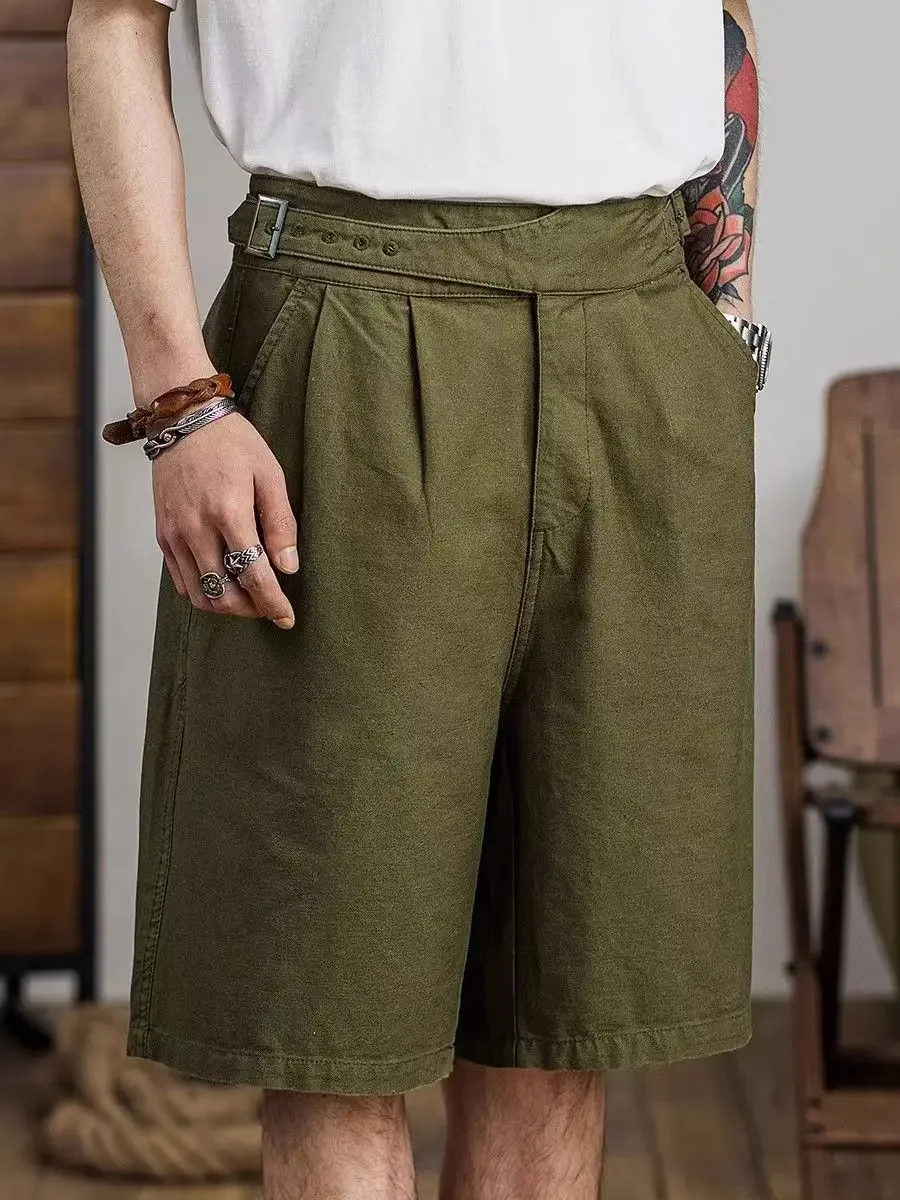 Vintage Gurkha Shorts Men Safari Style High Waist Buckle Button Knee Length Naples Pants Summer Casual Loose Shorts High Quality