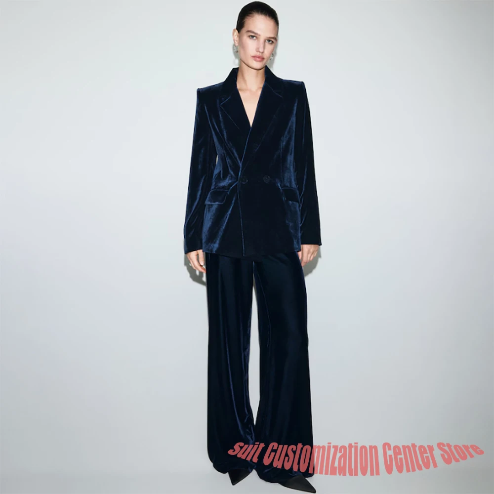 

Luxury Navy Blue Velvet Women's Suit Two Piece(Jacket+Pants) Set Double-Breasted Notch Lapel Blazer Elegant Formal Evening Wear