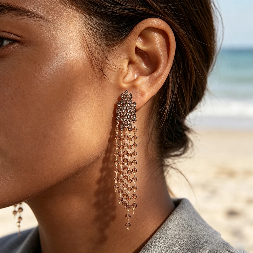 2026 Neue Mode Lange Kristall-Strass-Perlen Quasten-Ohrringe für Damen Luxus Hochzeits-Party-Schmuck-Accessoires – Detail 2