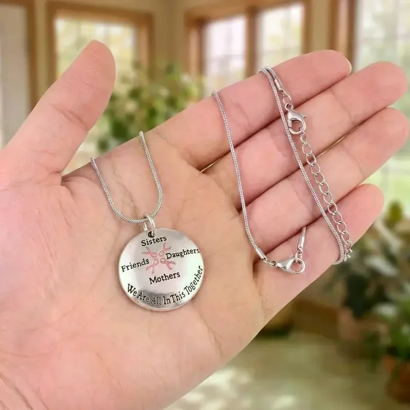 Breast Cancer Awareness Pink Ribbon Sisters Friends Daughters Mothers We Are In This Together Charms Snake Chain Necklace