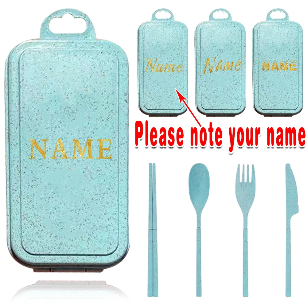 

4 Pcs Customized Name Travel Utensils Kit Organizer Wheat Straw Cutlery Set With Case Reusable Flatware Box Pocket Personalized