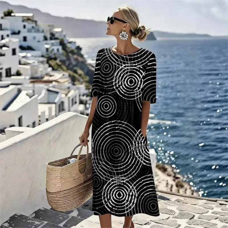 

New Print Women's Dress 2025 Summer O-Neck Short Sleeve Casual A-line Long Dresses Big Size Beach Holiday Dresses Vacation