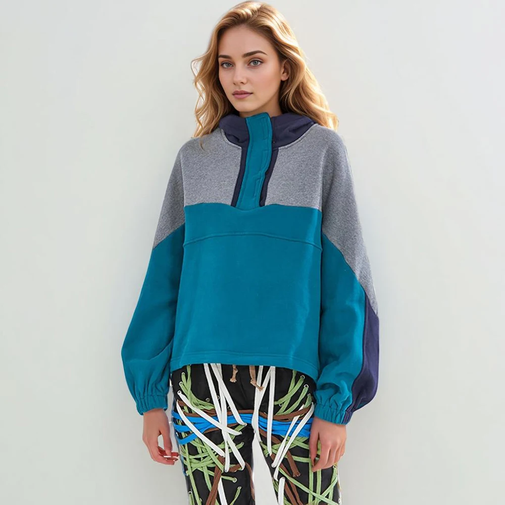 

Hit Color Casual Loose Sweatshirts For Women Hooded Long Sleeve Spliced Drawstring Minimalist Pullover Sweatshirt Female New