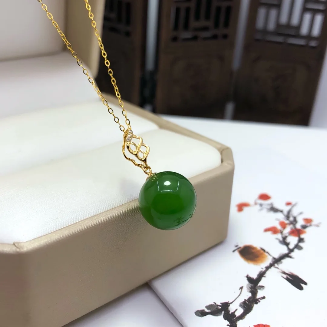 SHILOVEM 18k yellow gold Natural green Jasper pendant none  necklace fine Jewelry women wedding new gift 10mm  yzz101055by