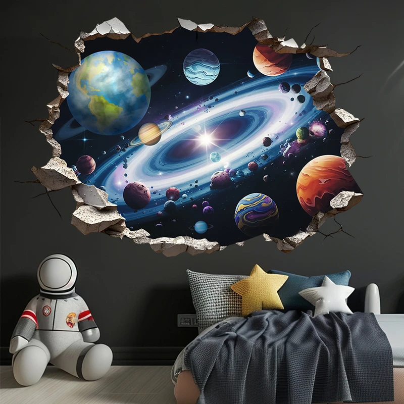 Universe Wonders Broken Wall Hole Art Galaxy Space Star Planets Vinyl Mural Stickers for Home Nursery Room Decoration Removable