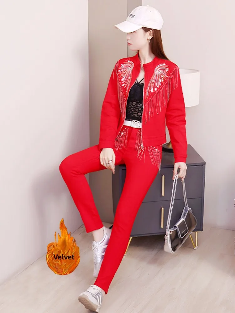 

Модный женский комплект с пайетками и бахромой, длинные рукава, зимний новый стиль, большие размеры (до 180 фунтов), брюки с высокой талией и куртка.