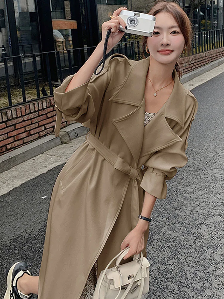 LANMREM Korean Style Mid Length Windbreaker Women Lapel Belt Gathered Waist Solid Color Trench Coat 2023 Autumn New 2AA2041