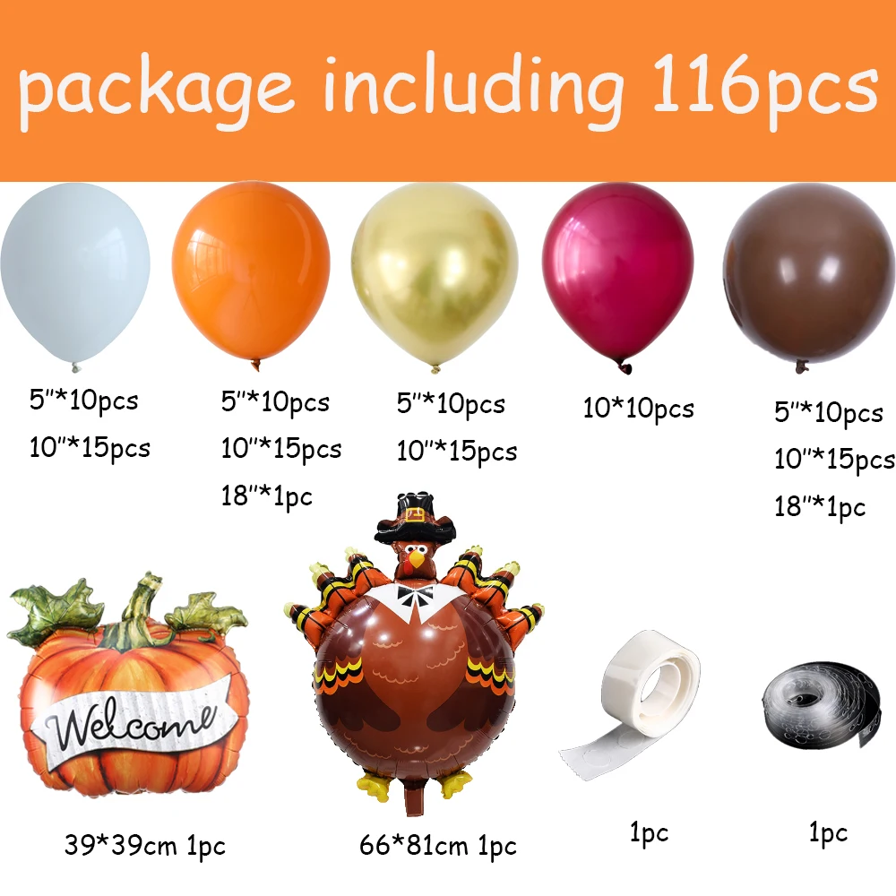 116pcs Autumn Theme Balloon Arch Garland Kit Pumpkin Turkey Foil Balloons Thanksgiving Party Decorations Harvest Festival Supply