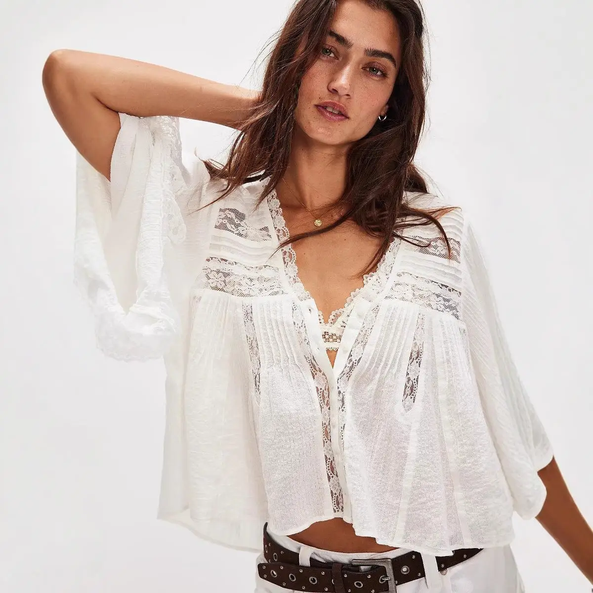 Estate New Sle Allentato Lungo Sve Patchwork di pizzo da donna irt V-Ne Ele Top aderente per ragazze Design Faion
