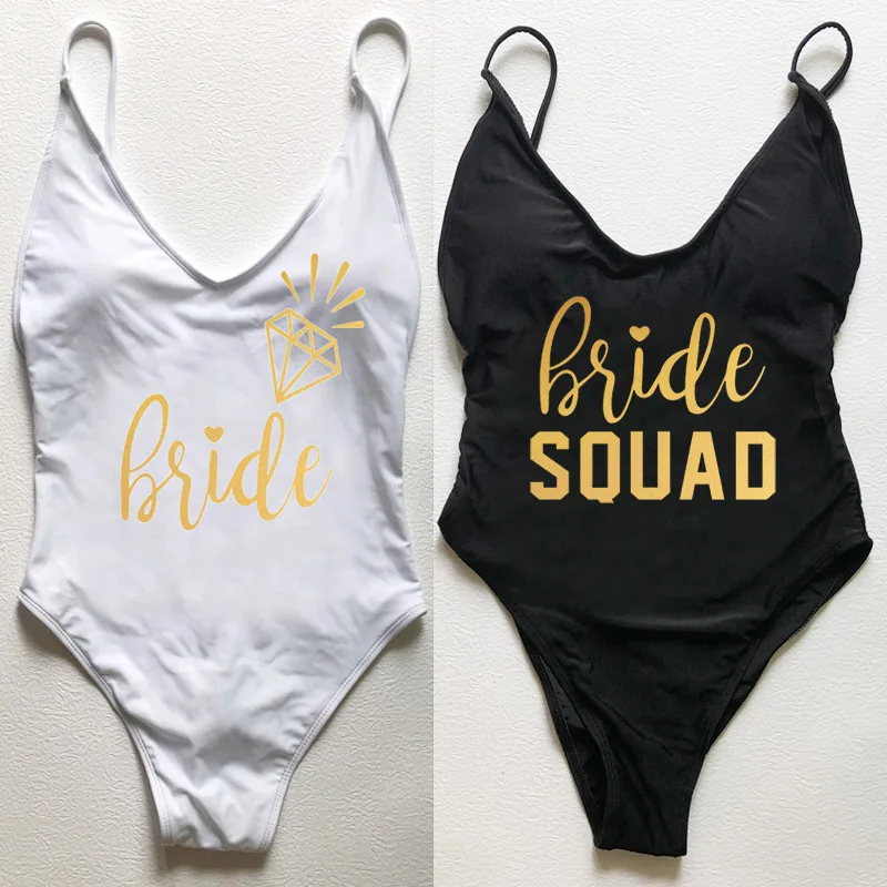 

Plus Size One Piece Swimsuit Bride Squad Diamond Swimwear Bikini 2023 women Sexy Padded Bathing Suit Bachelor Party Beachwear