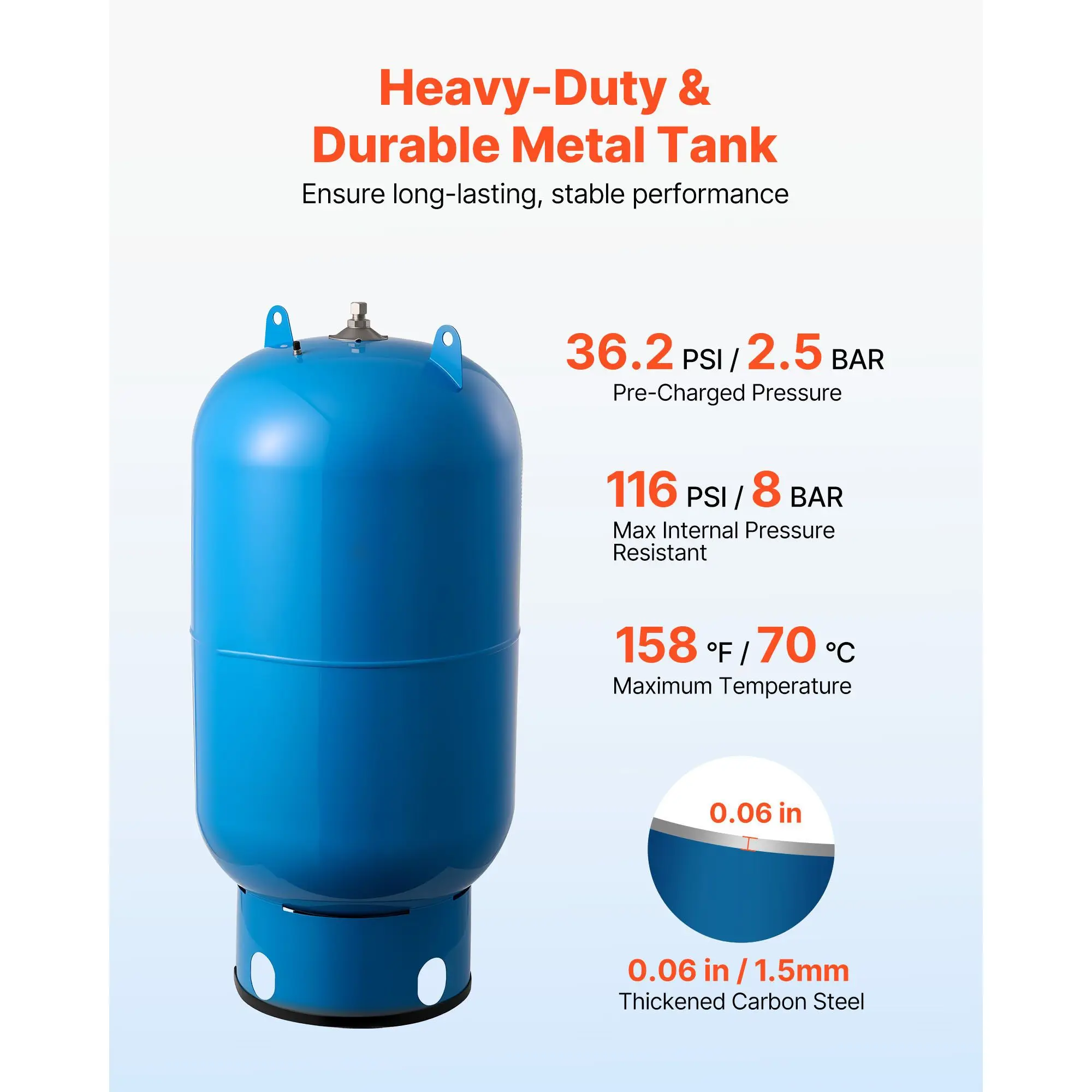 34-Gallon Vertical Well Pressure Tank, Pre-Charged Pressurized Water Tank for Well Pumps, Heavy-Duty Carbon Steel Water Storage Container for Home, School, Farm & Irrigation Systems