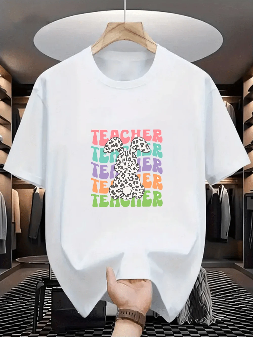 Oversized White Easter Teacher Bunny Graphic Print Casual Short Sleeve T-Shirt, Loose Crew Neck Tee for Educators