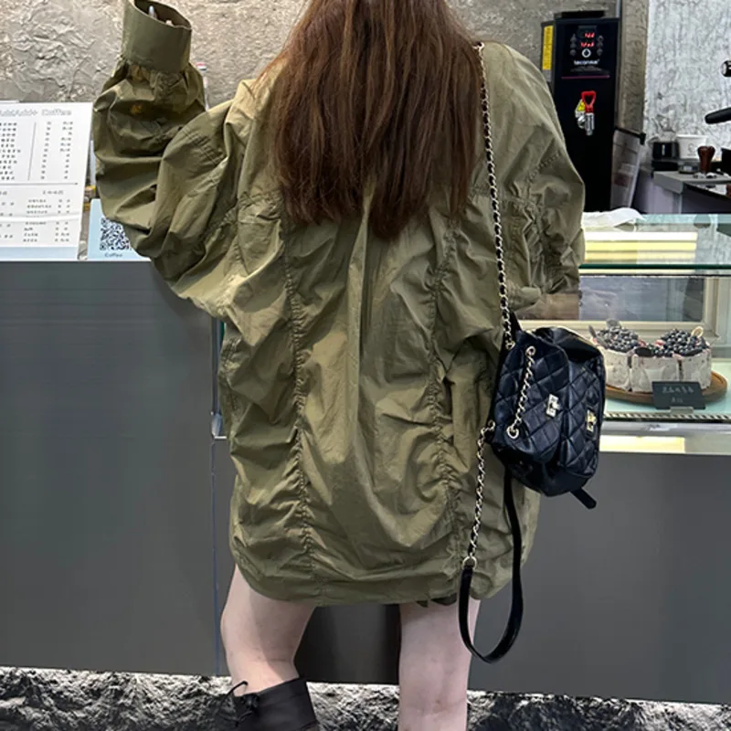 KWTX ผู้หญิง Vintage Streetwear เสื้อแจ็คเก็ต SS25 Solid Casual Handmade Smocking Single Breasted กระเป๋า Luxe น้ําหนักเบา