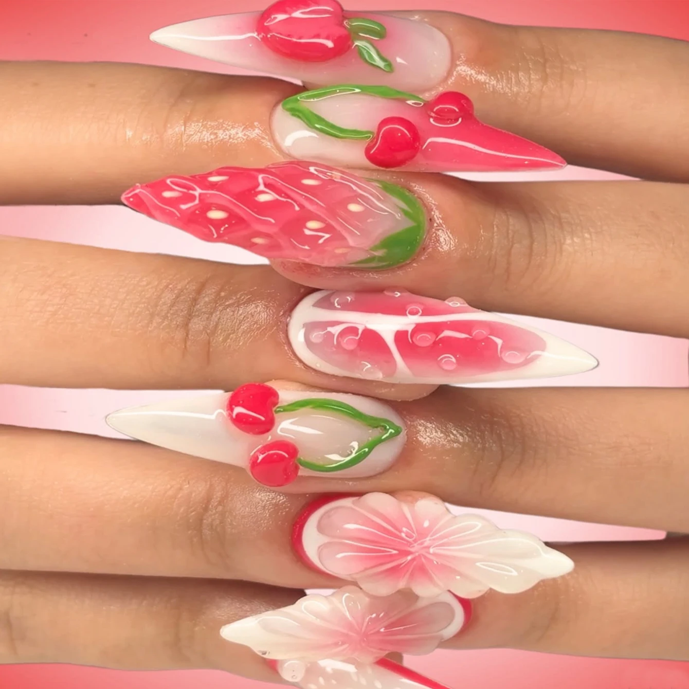 10 قطع الفرنسية وأشار الصحافة اللوز عطلة طويلة مسمار مع الفراولة تنقش نمط قطرة الماء تصميم الصيف أظافر صناعية #1