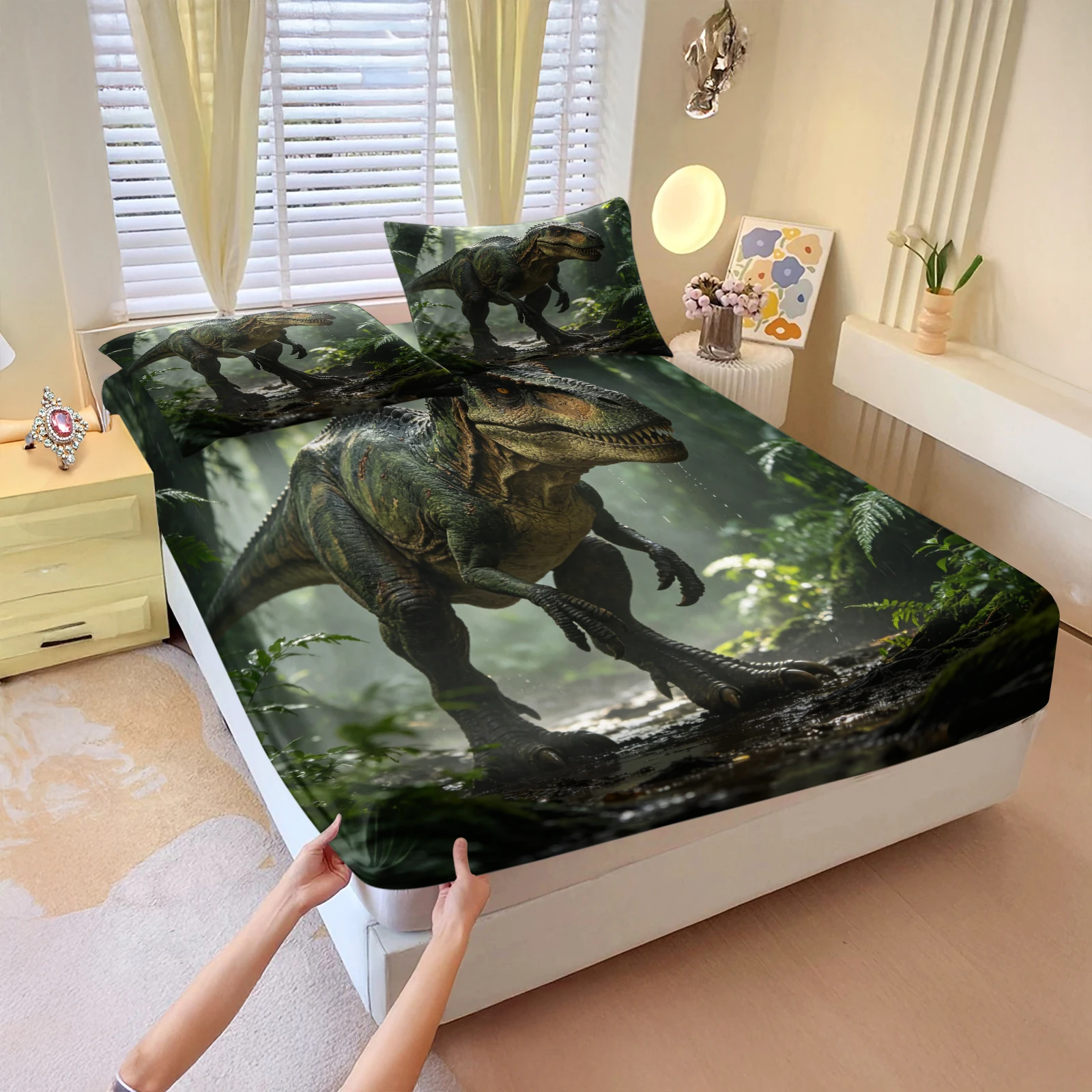 Tyrannosaurus Rex Jungle Print Fitted Sheet Set Dinosaur Rainforest Landscape Elastic Deep‑Pocket Bed Sheet All‑Round Bed Sheet