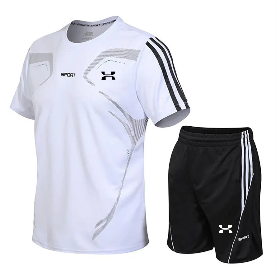 

2025 Summer New Comfortable Sports Set Men's Running and Fitness Set Short sleeved Quick Drying Two Piece Set Large Set