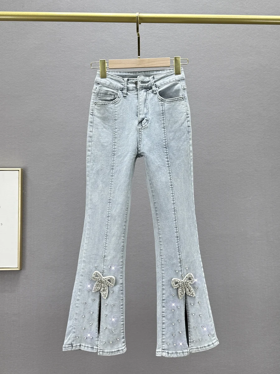 

High Waist Slim Fit Nine-Tenths Jeans Women's Spring Summer New Style Diamond Embellished Split Micro Flared Pants