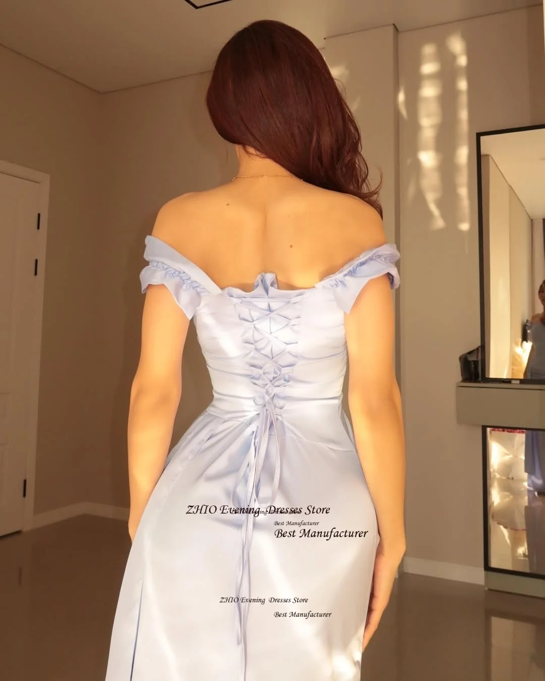 ZHIO новый дизайн атласное вечернее платье со складками трапециевидной формы без бретелек вечернее платье с открытыми плечами и кружевной спинкой платье для выпускного вечера по индивидуальному заказу