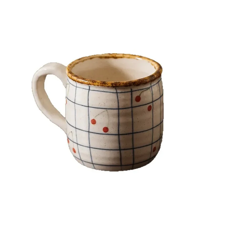 ceramic coffee cup and saucer set - rustic farmhouse style checkered pattern mug and tea cup