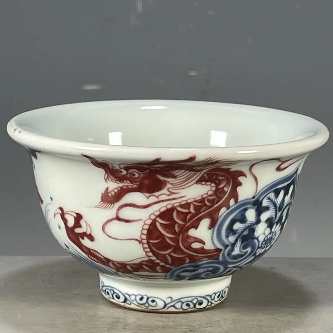 Chinese Xuande Year Mark Ceramic Teacup Blue Underglaze Red Dragon Master Cup Porcelain Tea Cup