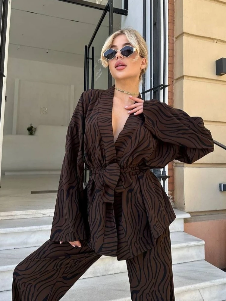 

Vintage Women Outfit 2-piece Sets Long-sleeve Shirt Wide-leg Pants Harajuku Suit Loose Casual Vacation Clothing Pant Suit