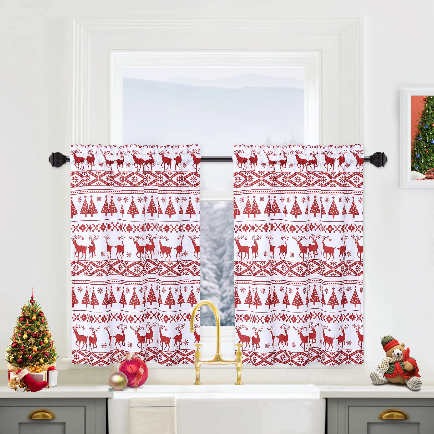 

Christmas Tree and Deer Valance Curtain for Bathroom Boho Style Valance Curtains for Windows Xmas Home DecorKitchen Valance Curt