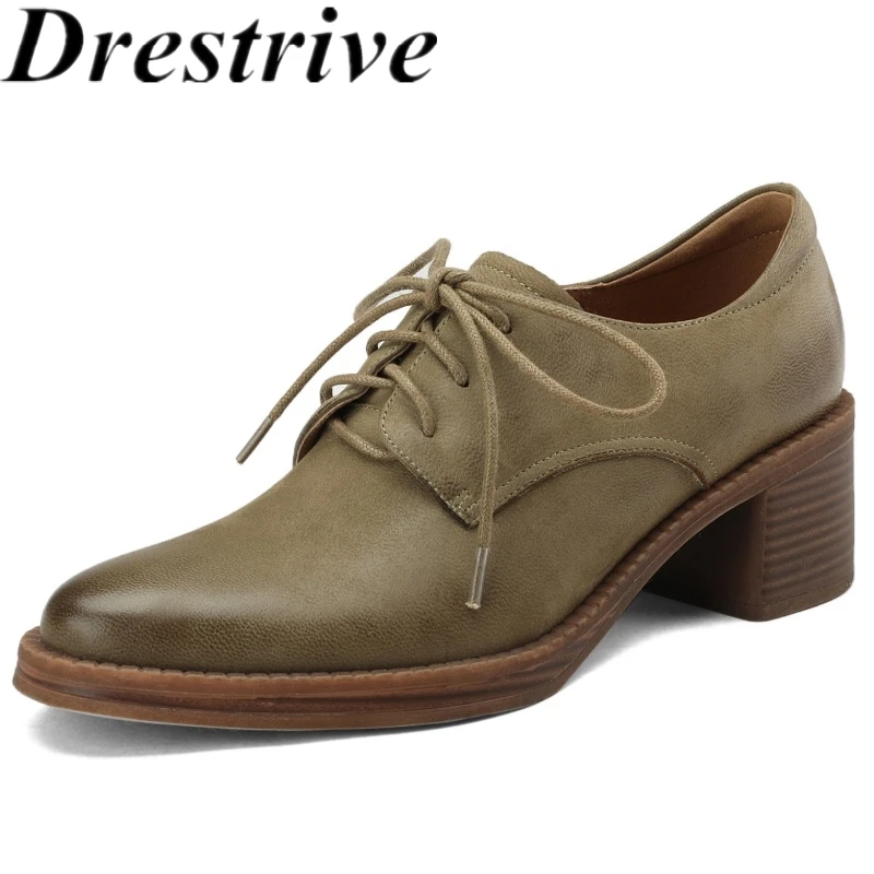 

Drestrive 2025 Classic Top Quality Women's Pumps Pointed Toe Sheepskin Lace Up Thick Mid Heels Full Genuine Leather Autumn Shoes