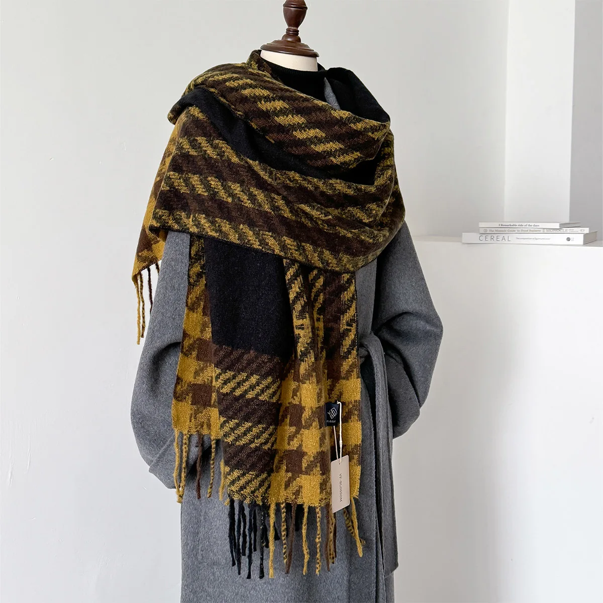 Korean Houndstooth Cashmere Long Scarf Winter Men Women Thickened Warm Shawl Cape Wrap Bufanda 2024 Double Sided Poncho Echarpe