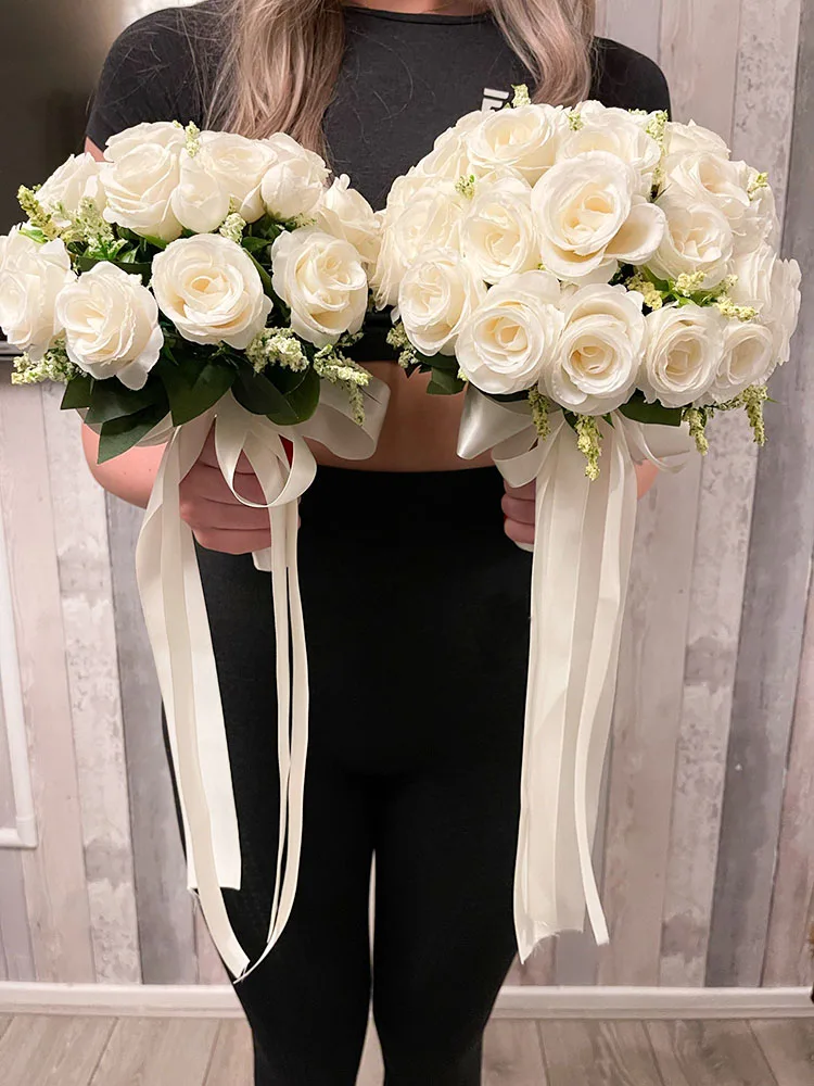 신부를위한 흰색 웨딩 부케 신부 들러리 실크 장미 인공 꽃 Boutonniere Mariage 꽃다발 웨딩 액세서리 코사지