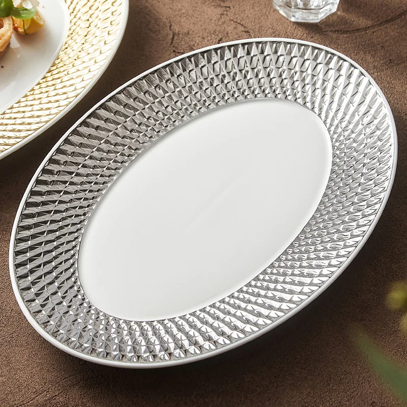 Gold-painted Relief Fish Plate with A High-end Feel, Hotel Tableware, Silver and Multicolored Ceramic Plate, Home Cooking Plate
