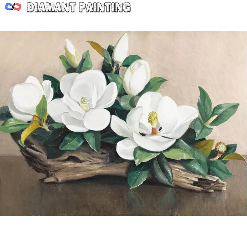 5D Gardenia Full Square Diamond Embroidery White Flowers Round Diamond Art Painting Handmade Mosaic Kits Home Decoration Gift